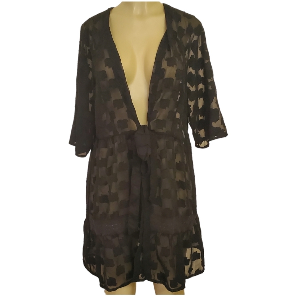 Boho Sheer Black Kimono Swim Cover Up Waist Ties Lace